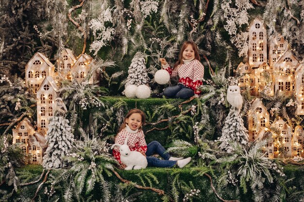 두 명의 예쁜 여자가 배경에 눈 아래 많은 나무가 있는 아름다운 크리스마스 장식에서 카메라를 위해 포즈를 취합니다.