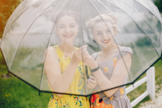 Two pretty girls in a summer park