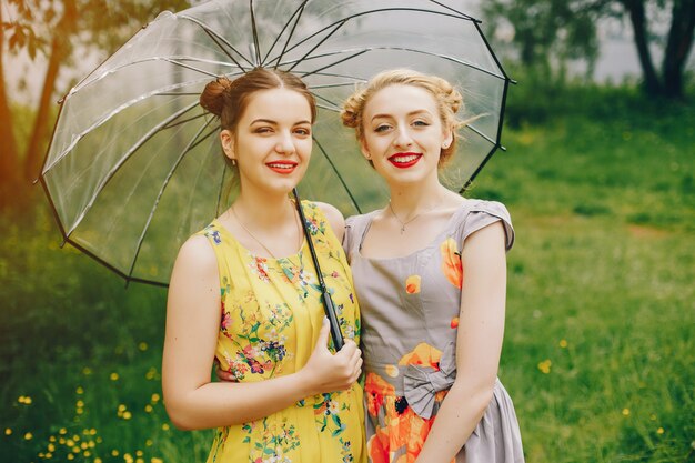 Two pretty girls in a summer park