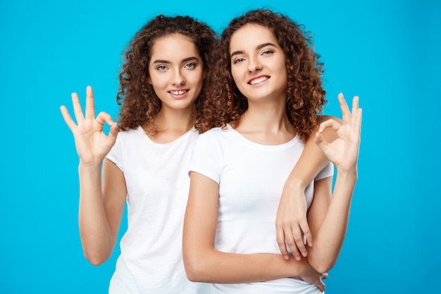 Two pretty girls twins smiling, showing okay over blue wall