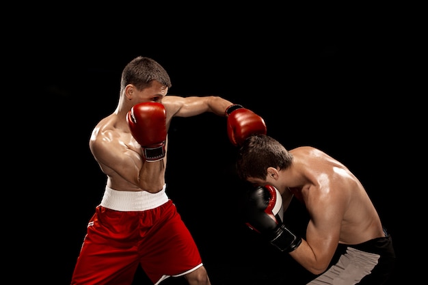 Free photo two professional boxer boxing on black space,