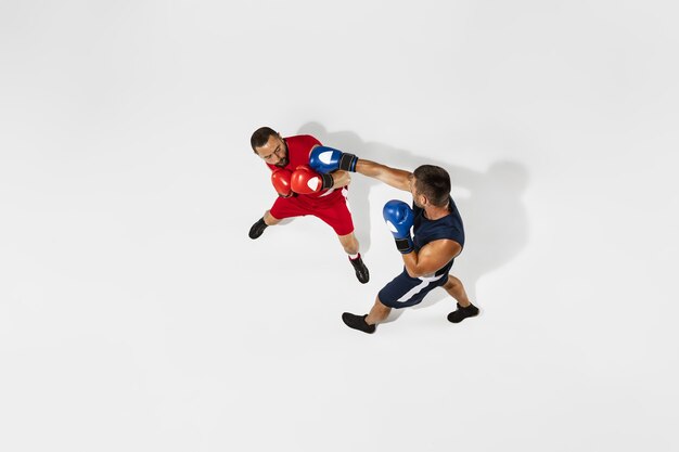 Two professional boxers boxing isolated on white studio background, action, top view. Couple of fit muscular caucasian athletes fighting.