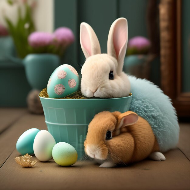 두 마리의 토끼가 달걀이 그려진 파란색 냄비 옆에 앉아 있습니다.