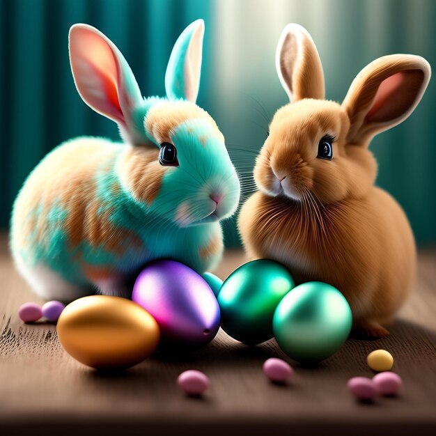 Two rabbits are sitting next to easter eggs and one has a blue and green face.