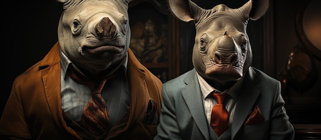 Free photo two rhinoceros in a business suit and tie studio shot