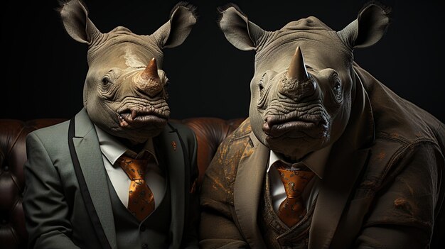 Two rhinoceros in a business suit and tie Studio shot