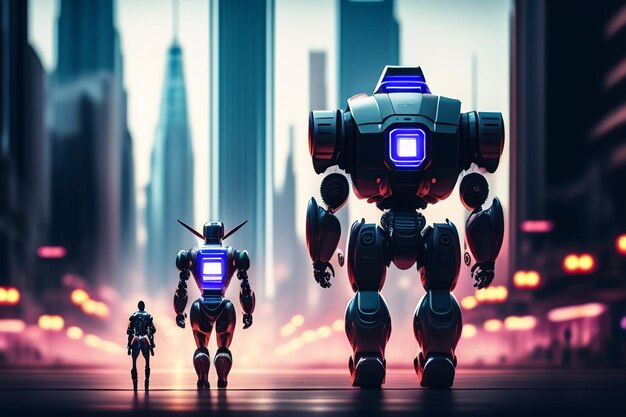 Two robots are walking in front of a cityscape.