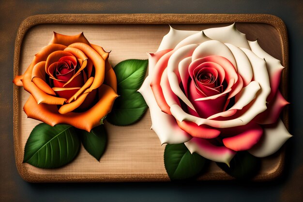 Free photo two roses are on a wooden tray with the word love on it