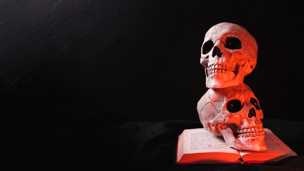 Two skulls on book in red light
