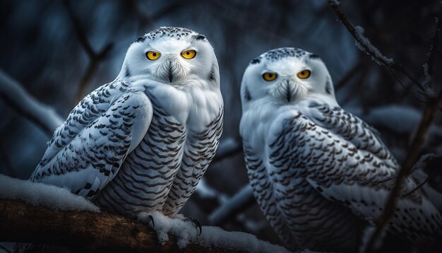 Two snowy owls sit on a branch, one of which is white and the other is white.