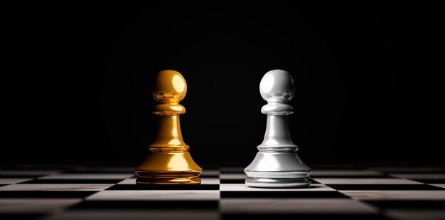 金色と銀色のポーンチェスの2つのスタンド3Dレンダリングによる業務提携とマーケティング戦略の計画コンセプトの勝者