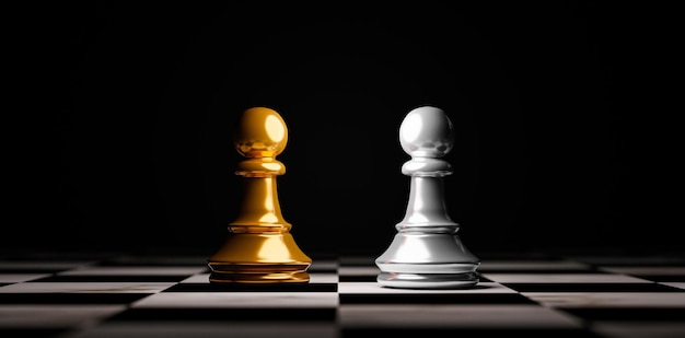 金色と銀色のポーンチェスの2つのスタンド3Dレンダリングによる業務提携とマーケティング戦略の計画コンセプトの勝者