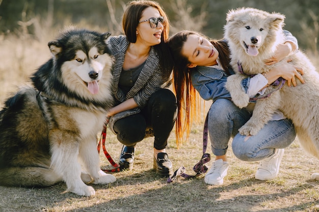 犬と日当たりの良いフィールドで2つのスタイリッシュな女の子