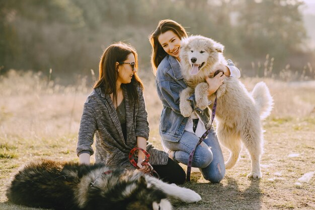 犬と日当たりの良いフィールドで2つのスタイリッシュな女の子