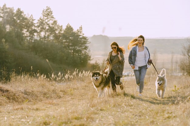 Two stylish girls in a sunny field with dogs