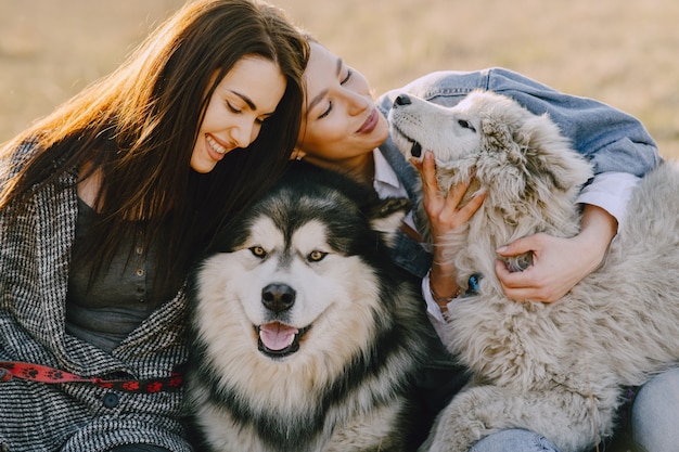 犬と日当たりの良いフィールドで2つのスタイリッシュな女の子