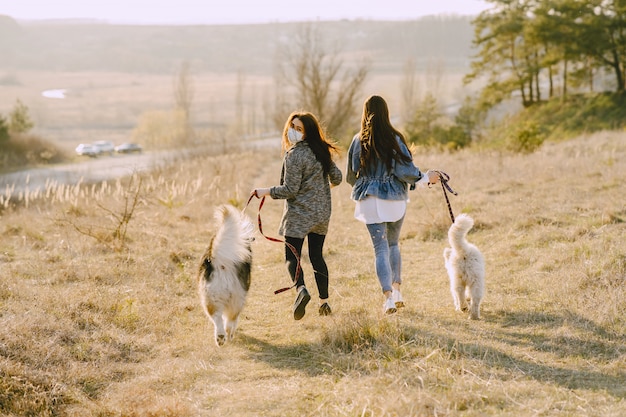 犬と日当たりの良いフィールドで2つのスタイリッシュな女の子