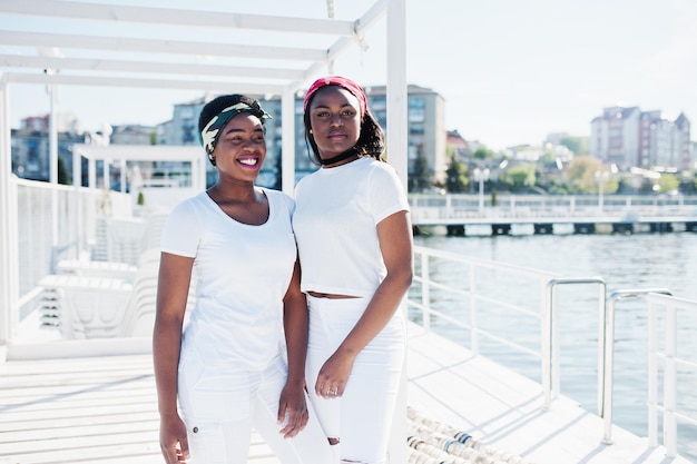 2人のスタイリッシュでトレンディなアフリカ系アメリカ人の女の子が桟橋のビーチの湖に対して白い服を着ています若い黒人のストリートファッション