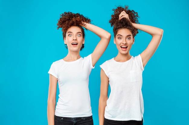 Due gemelli womans sorpresi che tengono i capelli, scherzando sul blu.