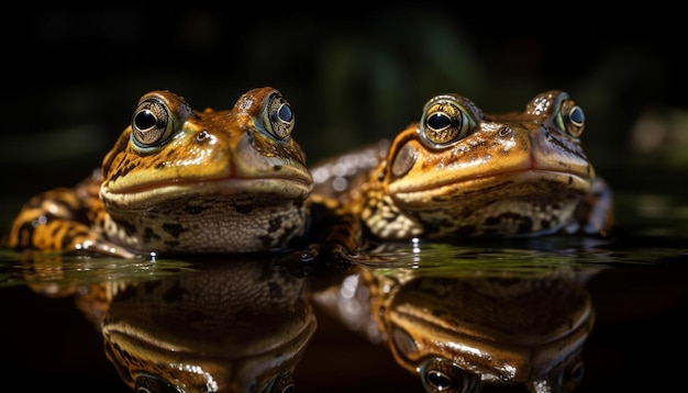 Two toads sitting in wet green swamp generated by AI