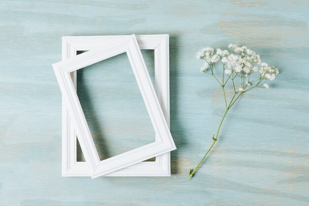 Two white border frames with baby's-breath flower on texture wooden backdrop