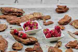 Free photo two white bowl of fresh raspberries with wood pieces on gray surface.