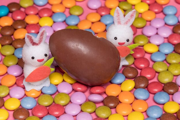 Two white bunnies with chocolate easter egg on colorful gem candies