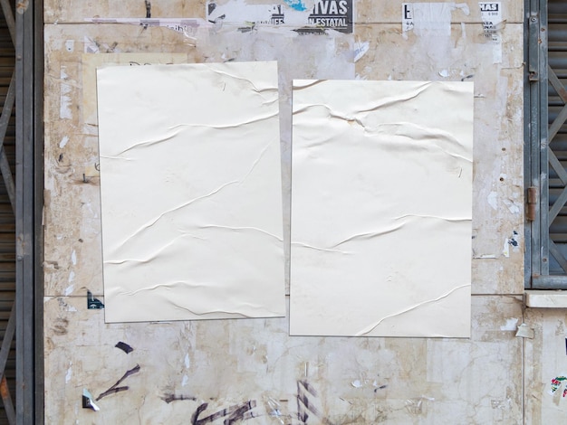 Two white crumpled posters on a grunge wall – Free Download of Stock Photos