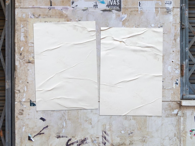 Two white crumpled posters on a grunge wall