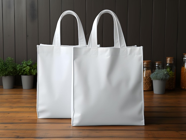 Free photo two white tote bag for product mockup