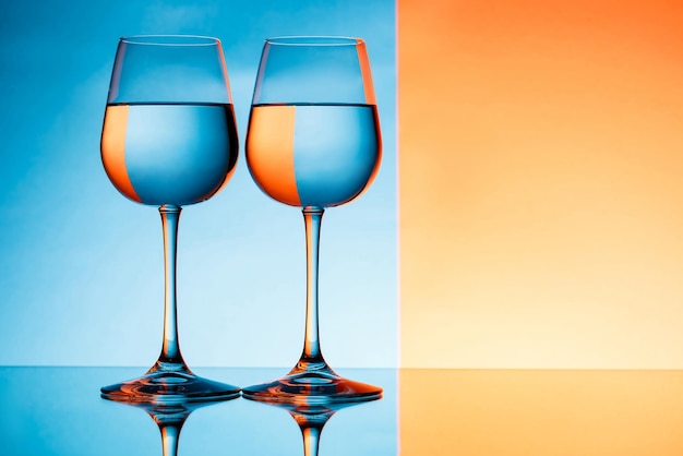 Foto gratuita due bicchieri da vino con acqua su sfondo blu e arancione