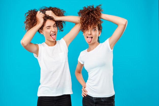 Бесплатное фото Две женщины-близнецы, держа волосы, шутки над синим.