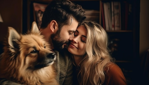 Free photo two women embracing their cute pets indoors generated by ai