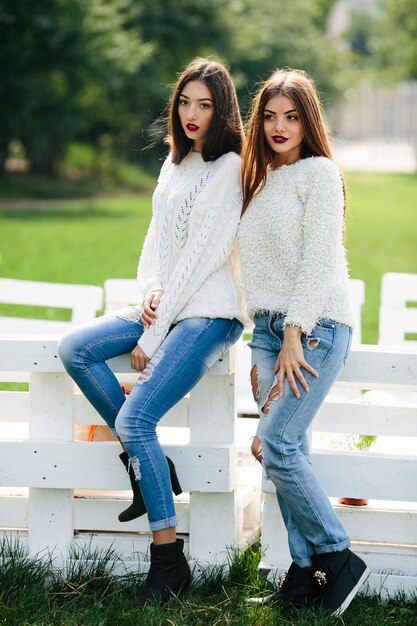 Two women lean on a white bench in the park