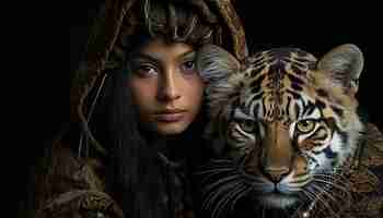 Free photo two women looking at camera beauty in nature bengal tiger generated by artificial intelligence