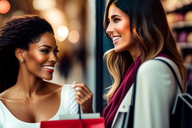 Due donne sorridono e tengono le borse della spesa, una di loro tiene in mano una borsa della spesa rossa.