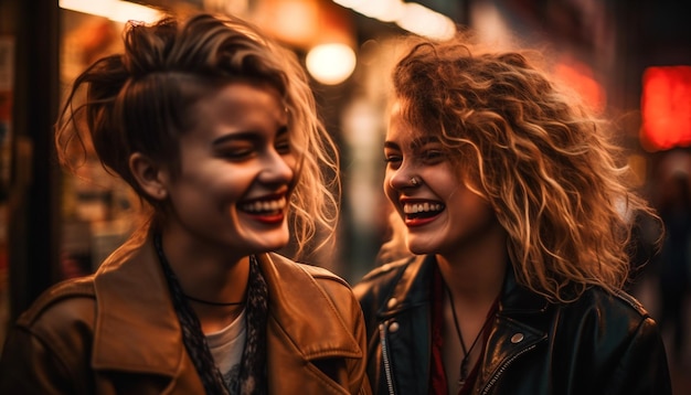 Two women talking in front of a storefront