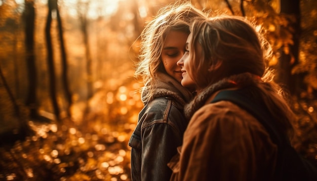 Two young adults embrace enjoying autumn sunset generated by AI