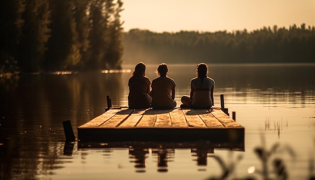 Free photo two young adults embrace enjoying tranquil sunset generated by ai