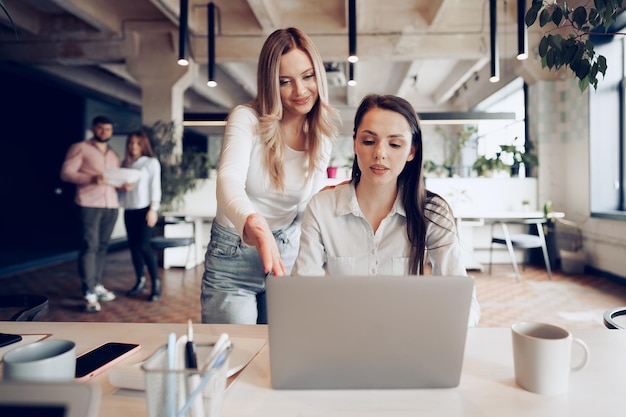 Two young female colleagues discussing business project together in office