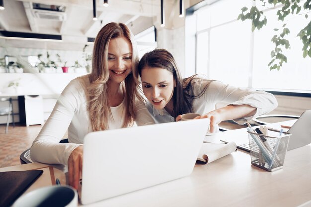 Two young female colleagues discussing business project together in office