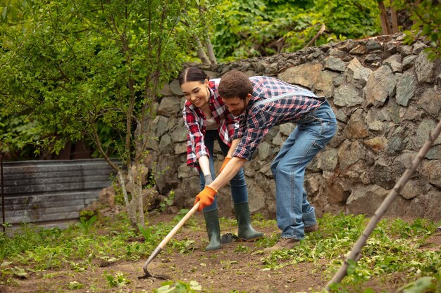 괭이로 땅을 풀고 있는 정원에서 일하는 두 젊은 남자와 여자
