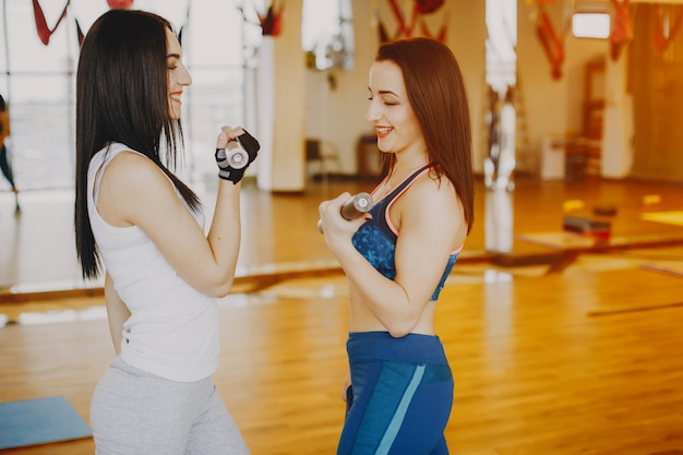 Free photo two young and pretty girls in a sports suit engaged in sports in the gym