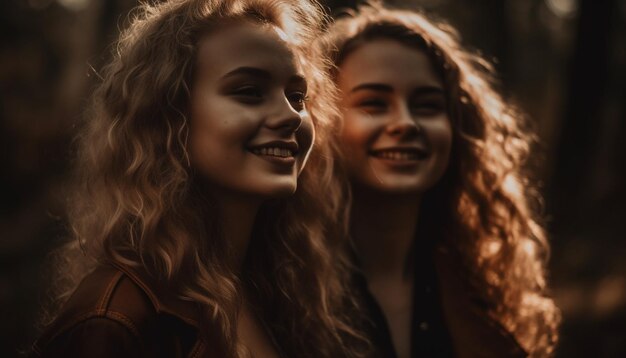 Two young women embrace smiling with joy generated by AI