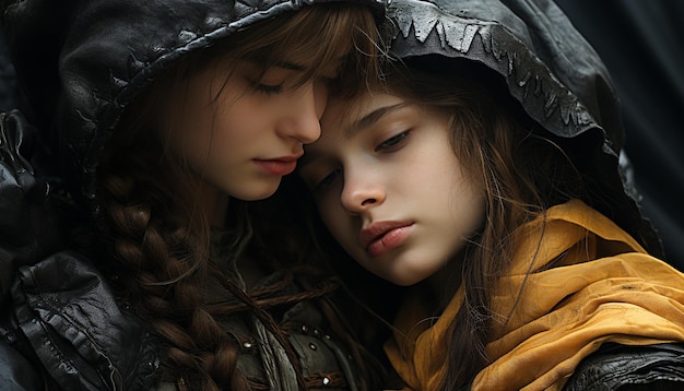 Foto gratuita due giovani donne che si abbracciano sotto la pioggia esprimono amore e amicizia generati dall'intelligenza artificiale