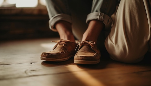 Foto gratuita legare i lacci delle scarpe a un paio di scarpe sportive su un pavimento in legno generato dall'intelligenza artificiale