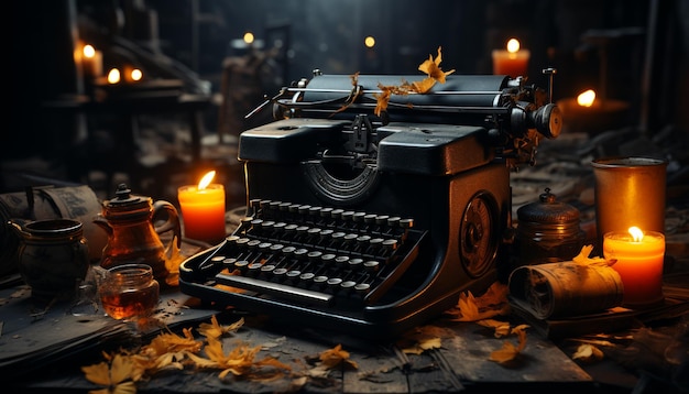 Typewriter flame old fashioned fire candle dark antique heat temperature table generated by artificial intelligence