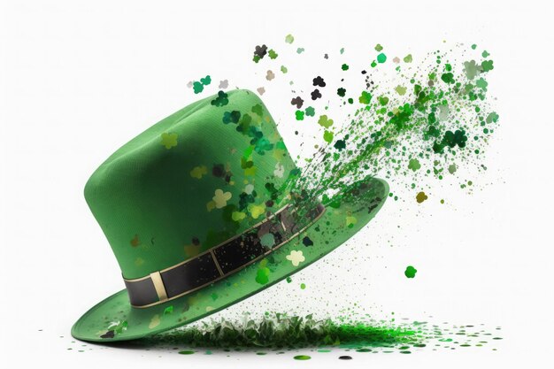 Typical green Saint Patrick39s hat with confetti explosion on white background Ai generative
