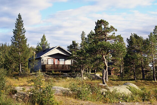 ノルウェーの典型的なノルウェーの田舎のコテージ。息をのむような風景と美しい緑に囲まれています