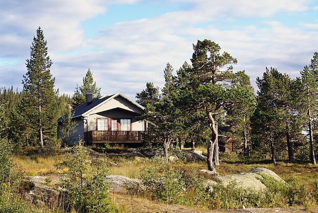 ノルウェーの典型的なノルウェーの田舎のコテージ。息をのむような風景と美しい緑に囲まれています